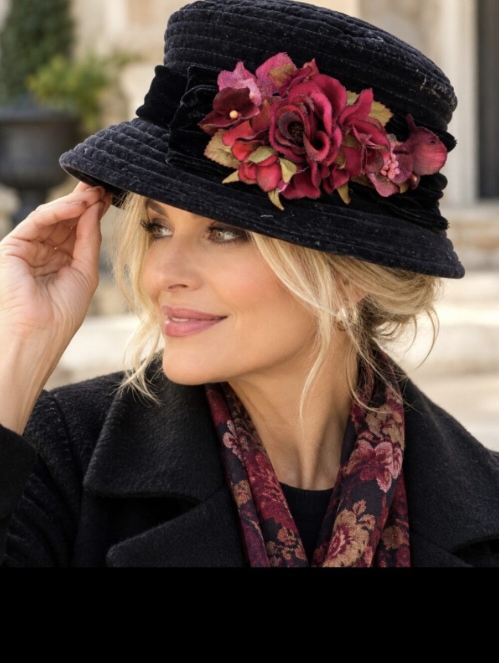 Toucan Collection Black Floral Cloche Hat Made in USA Romantic Vintage Style OS
